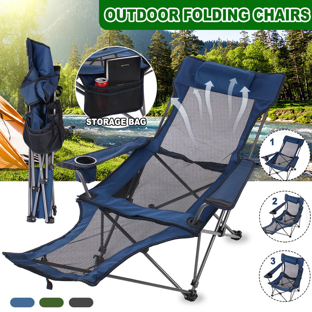 Camping Lounge Chair Portable Reclining Camping Chair Folding Camping Chair with Footrest,Headrest & Storage Bag,Mesh Recliner with Backpack, 300Lbs Weight Capacity