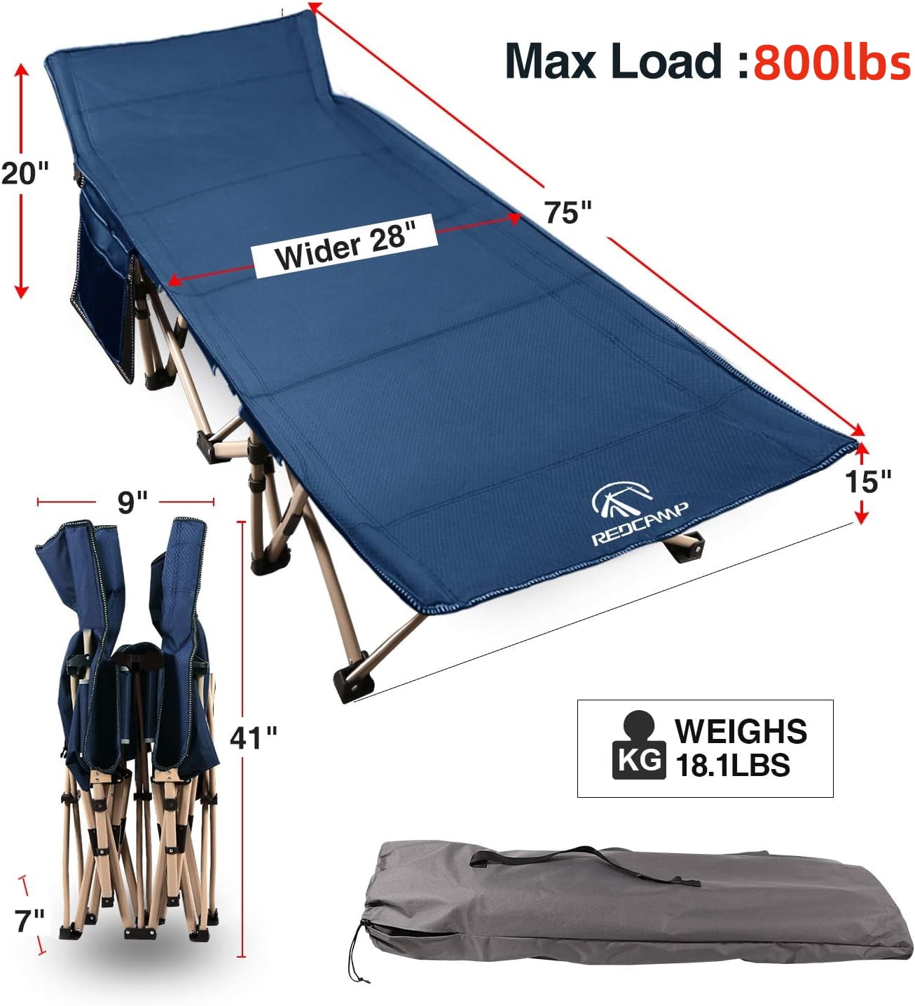 REDCAMP Upgraded Heavy Duty Folding Camping Cots for Adults 800lbs, Portable Sleeping Bed Cot for Indoor Outdoor