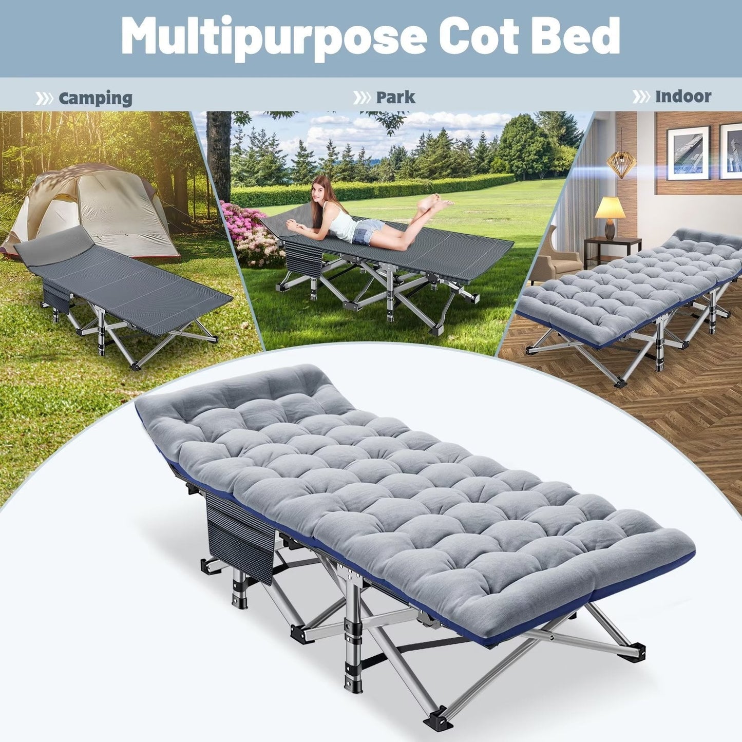 MOPHOTO Oversized 78'*32' Portable Folding Bed for Adults, Heavy Duty Outdoor Camping Cot with with Mattress, Rollaway Guest Bed Sleeping Cot with Carry Bag, Support 900 bls