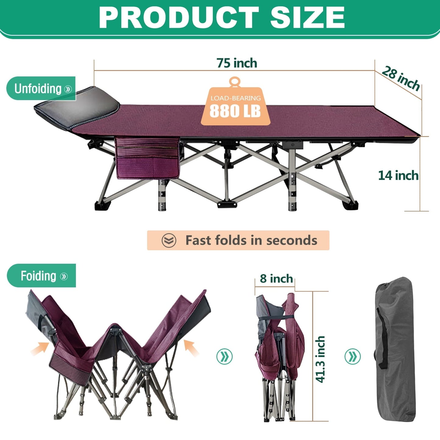 Lilypelle folding cot with mattress,Heavy Duty Sleeping Cots with Carry Bag,Double Layer Oxford Portable Folding Camping Cot for Home ,Office Nap and Outdoor Beach£¬Upgrade Red