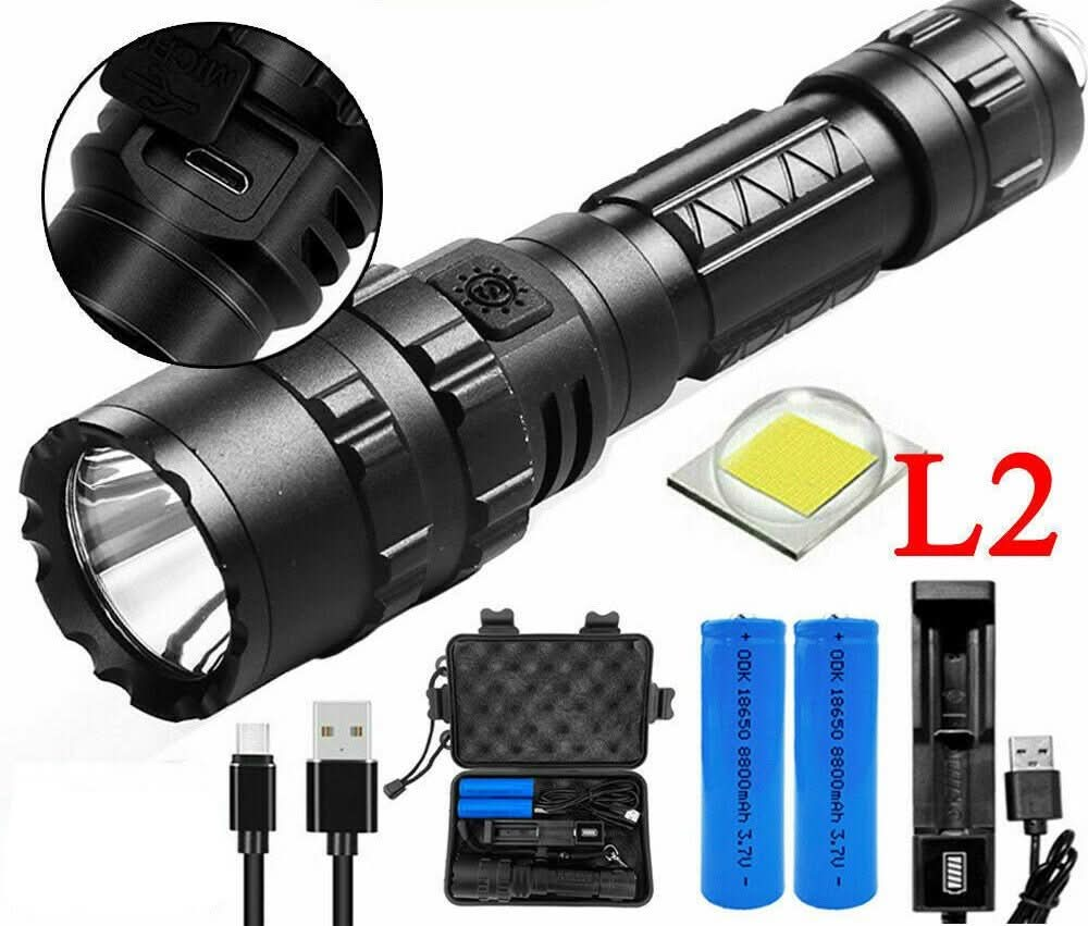 180000LM L2 LED Tactical Flashlight USB Rechargeable Camping Hunting Torch