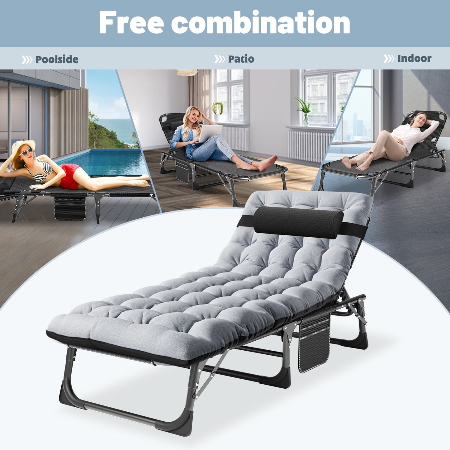 NAIZEA Portable Folding Camping Cot, 4-Position Adjustable Camping Cot Bed, Heavy Duty Sleeping Bed, Outdoor Folding Lounge Chair with Mattress