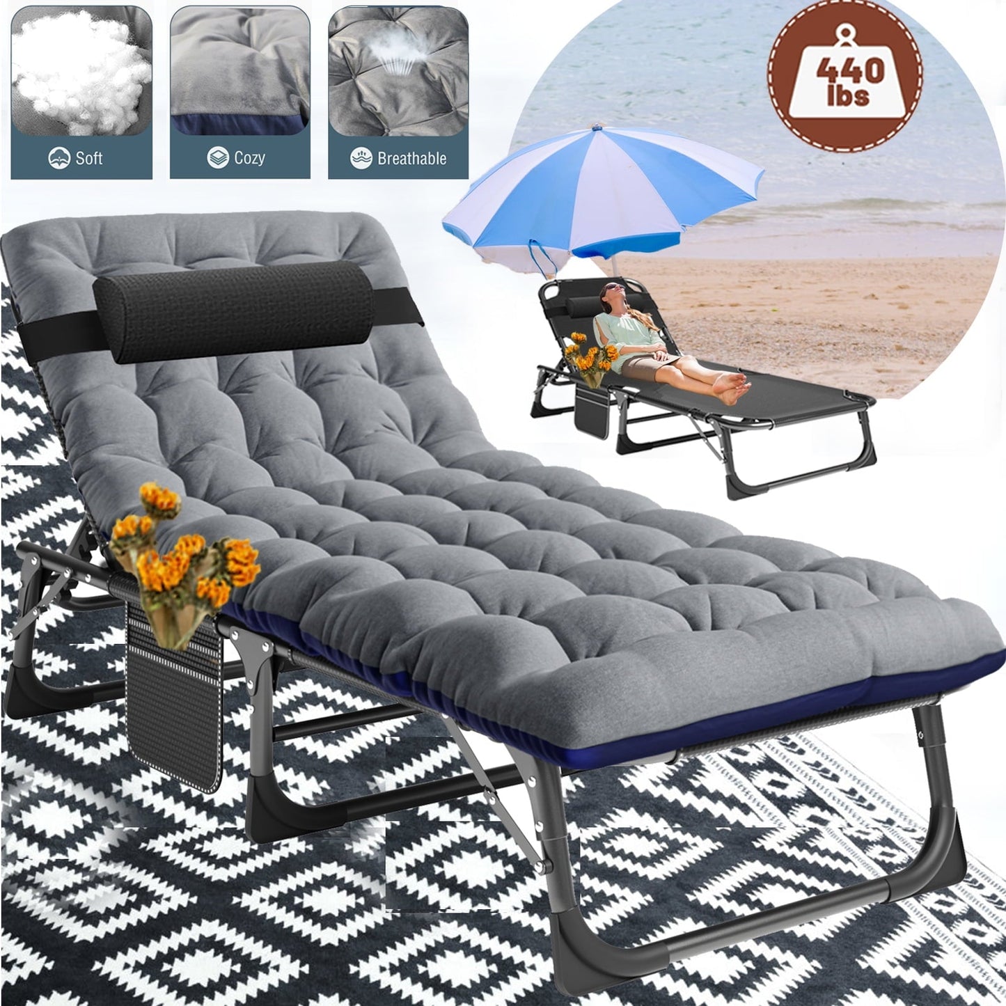 Lilypelle folding cot with mattress,Heavy Duty Sleeping Cots with Carry Bag,Double Layer Oxford Portable Folding Camping Cot for Home ,Office Nap and Outdoor Beach£¬Beach£¬Gray