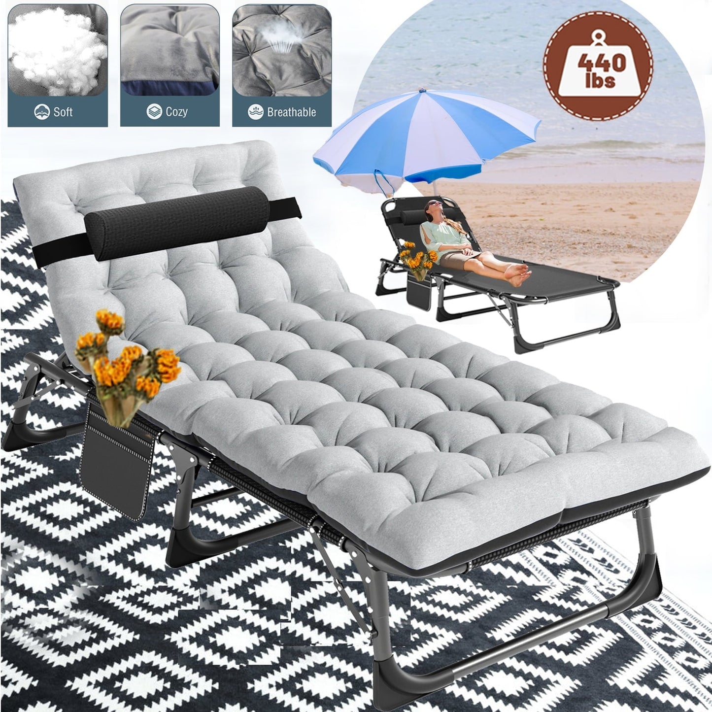 Lilypelle folding cot with mattress,Heavy Duty Sleeping Cots with Carry Bag,Double Layer Oxford Portable Folding Camping Cot for Home ,Office Nap and Outdoor Beach£¬Black