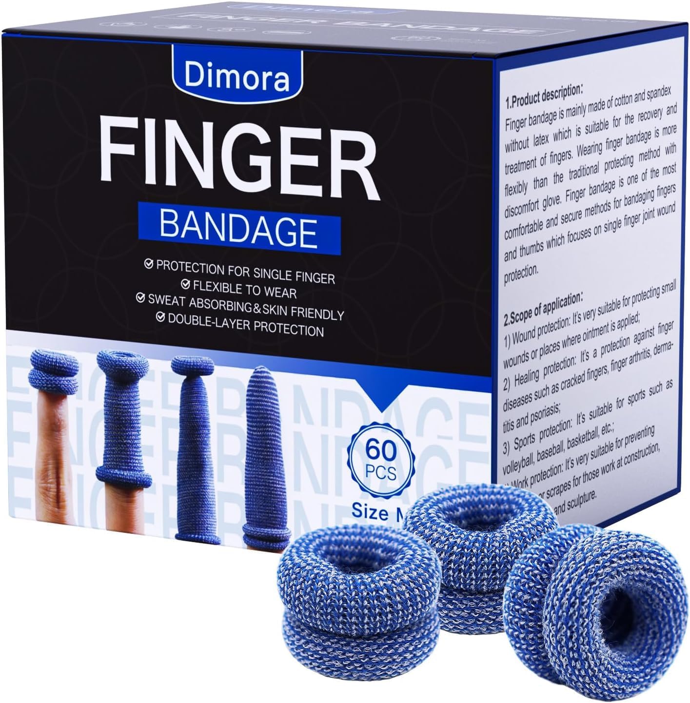 Dimora Finger Cots, 60Pcs Finger Protectors for Finger Tips, Breathable Finger Bandages for Wounds Care, Elastic Finger Gloves for Cargo Handling, Gardening Work, Fitness, Medium, Blue