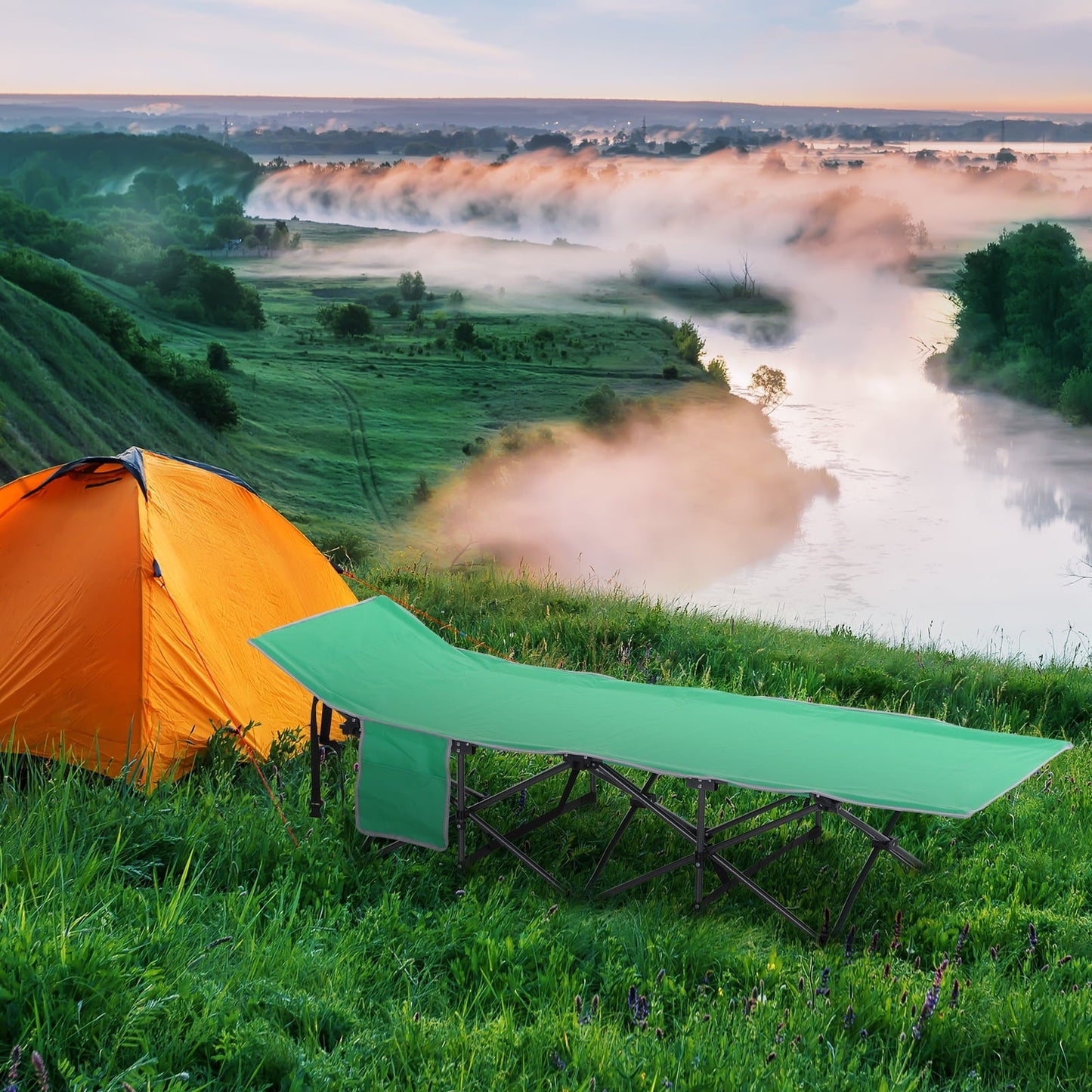 Outsunny Single Person Wide Folding Camping Cot Outdoor Bed w/ Carry Bag