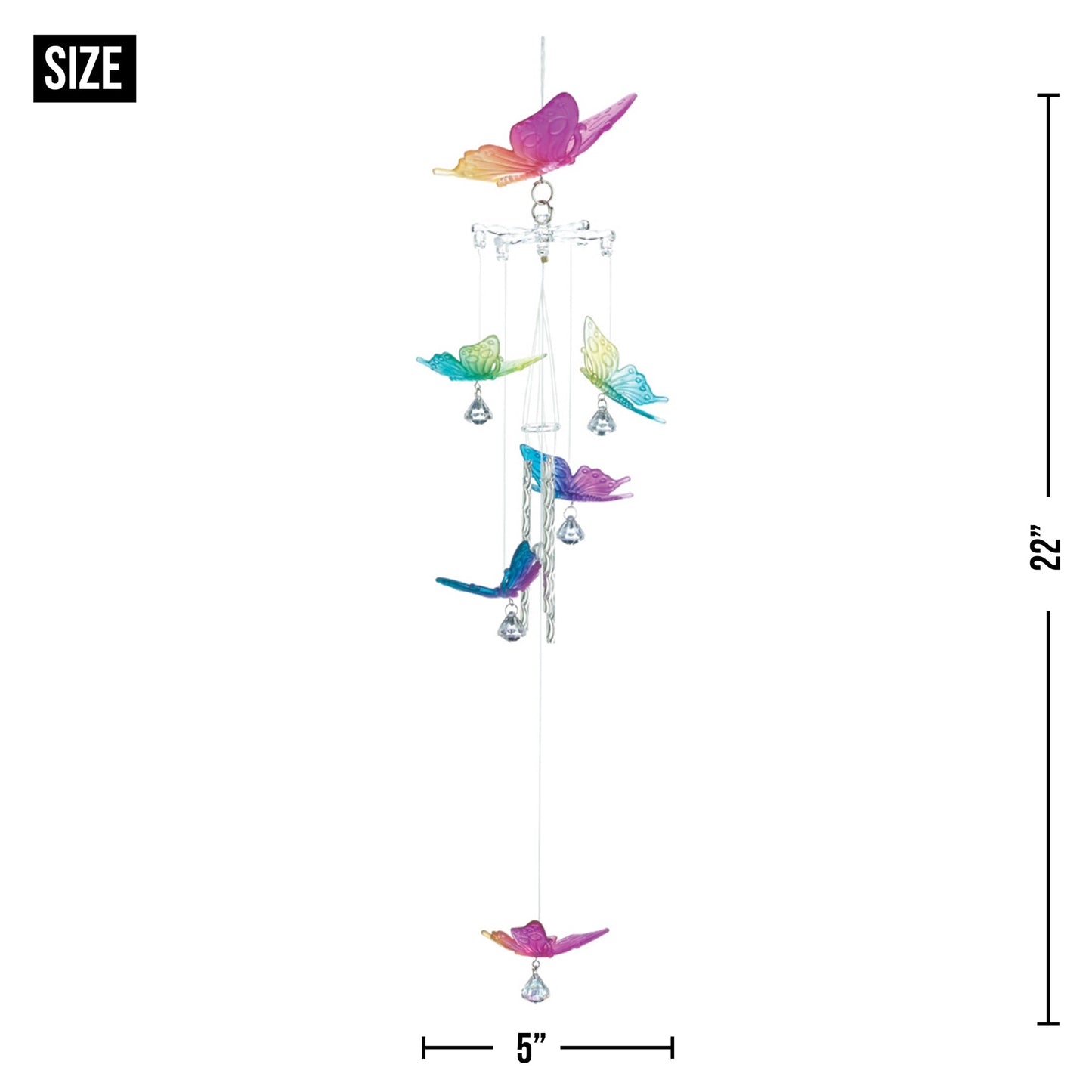 22" Clear and Pink Metal Rainbow Butterfly Wind Chimes