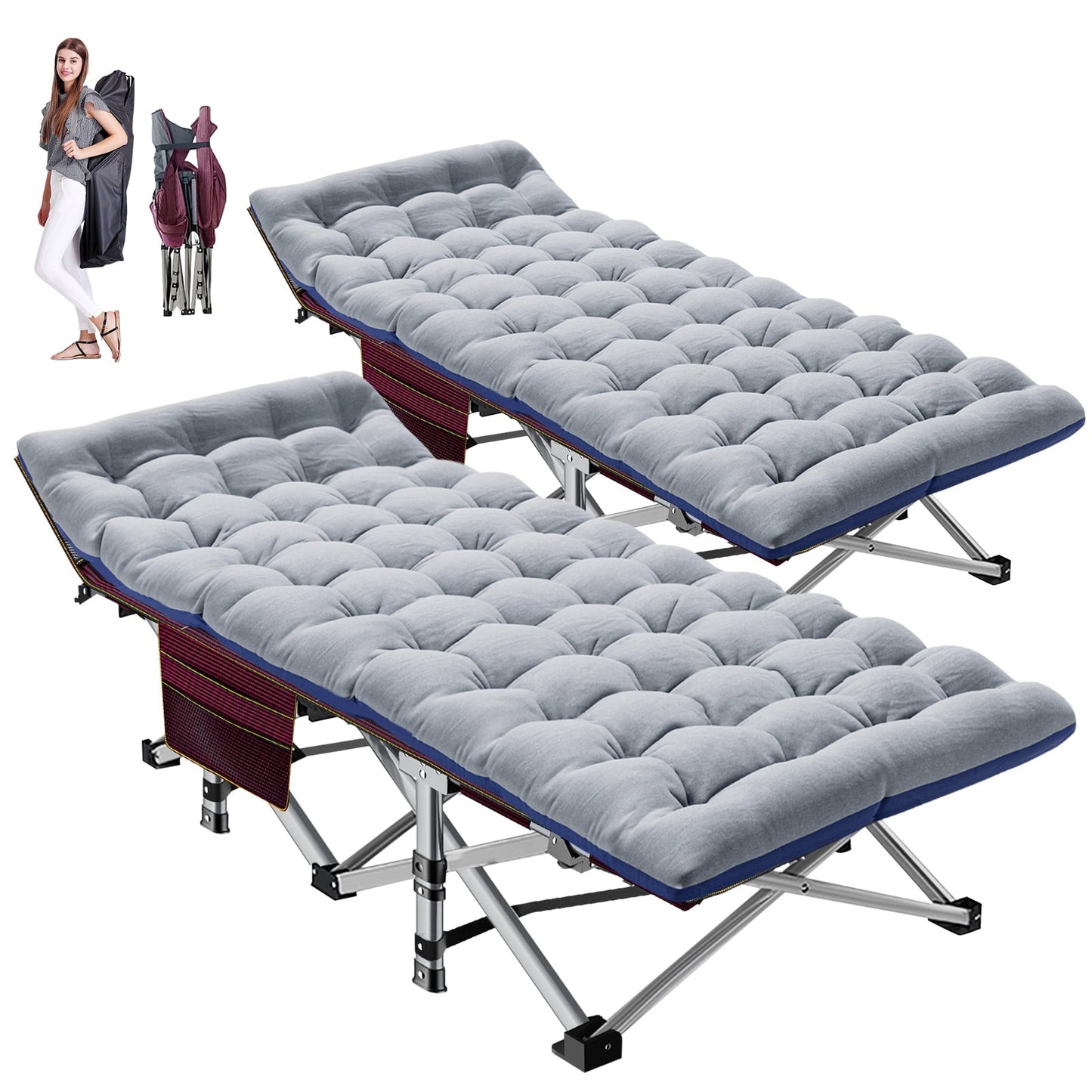 MOPHOTO 2 Pack 75'* 28' Folding Bed Cot with 3.3 Inch 2 Sided Mattress, Folding Camping Cots with Carry Bag, Portable Sleeping Cot Guest Bed