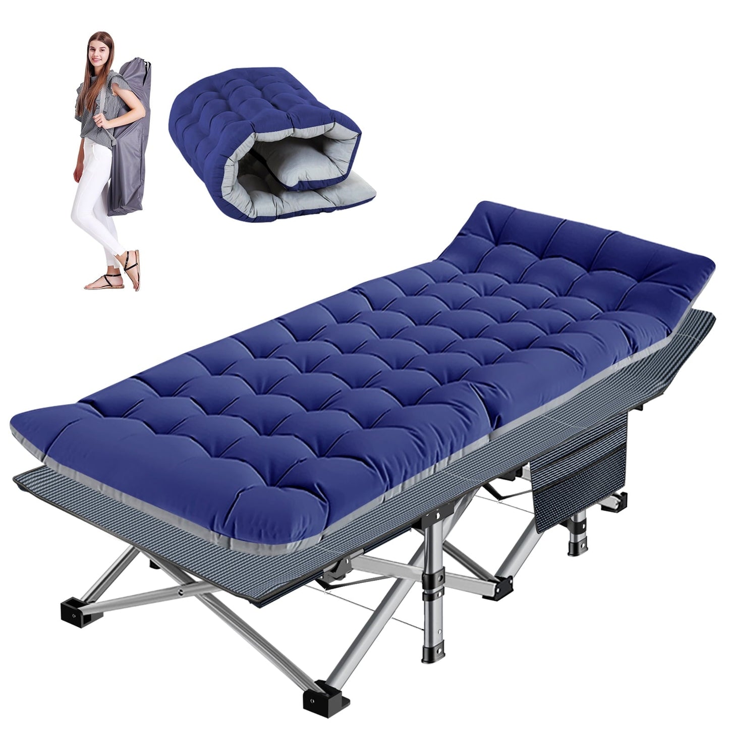MOPHOTO Adult Camping Cot with Blue Pad&Carrying Bag, Fold up Bed, Military Style Cot for Hiking Travel, Portable Heavy Duty Sleeping Cots, Quick Folding
