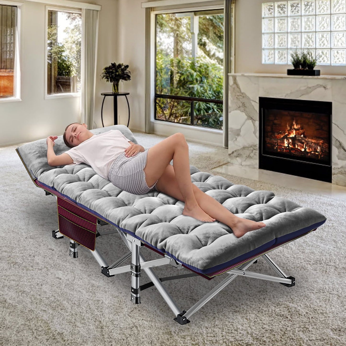 MOPHOTO Adult Folding Camping Cot, Outdoor Sleeping Bed with Gray Cotton Pad, Foldable Beds for Home Office