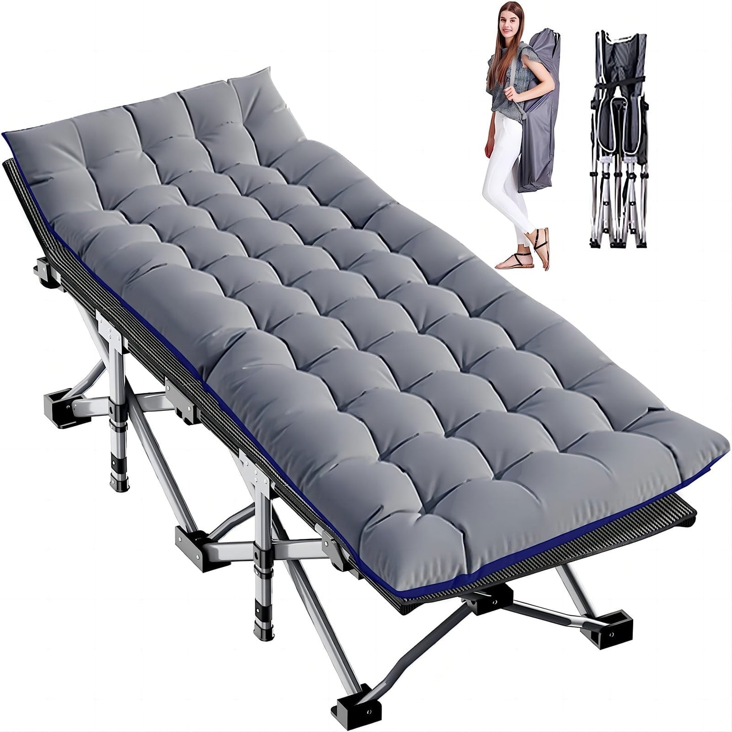MOPHOTO Camping Cot for Adults, Portable Folding Bed with Noble Pearl Mattress & Carry Bag, Double Layer Oxford Rollaway Guest Bed