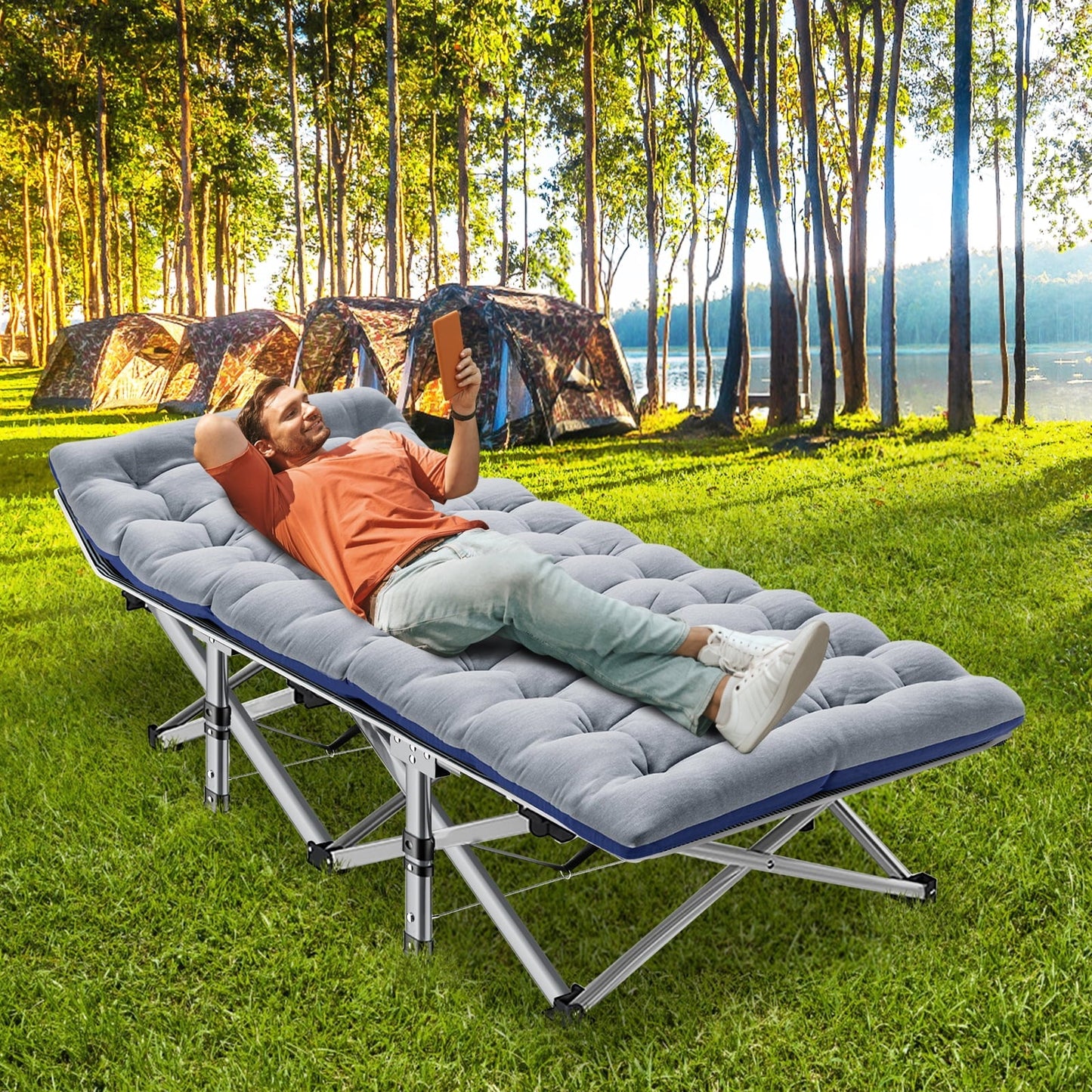 MOPHOTO Folding Camping Cots for Adults, Double Layer 1200D Folding Cots Portable with Pearl Cotton Pad, Heavy Duty Sleeping Bed