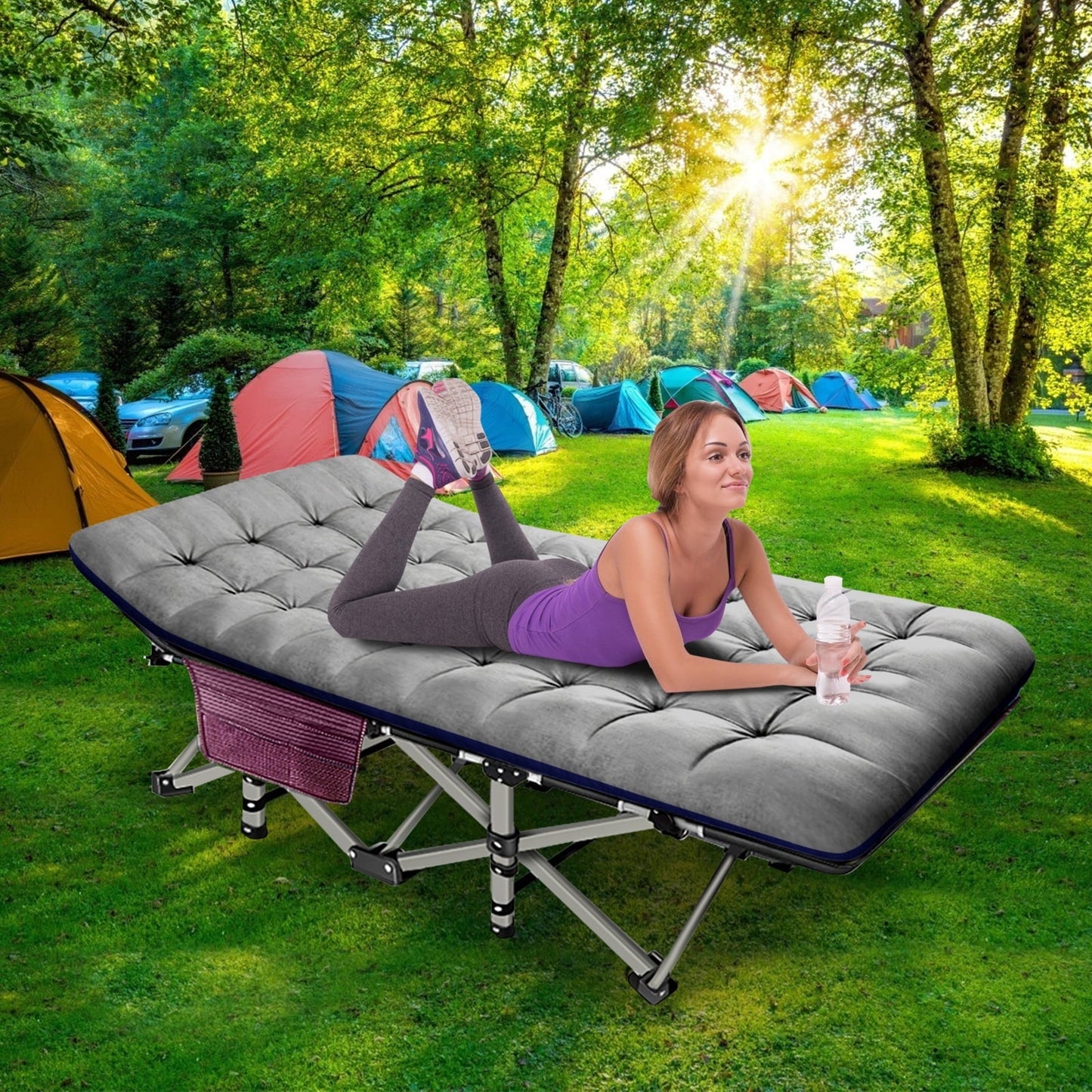 MOPHOTO Portable Adult Camping Cot , Fold up Bed, Military Style Cot for Hiking Travel, Gray Pad&Carrying Bag