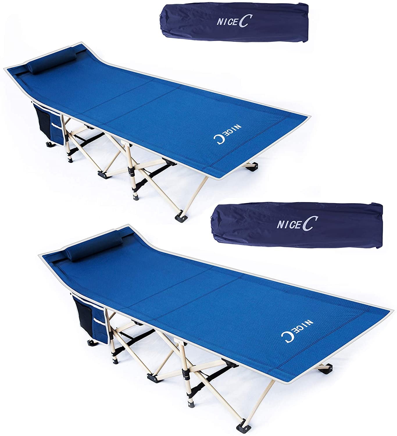 Nice C Camping Cot, Camping Bed, Tent Cot, Foldable with Carry Bag & Storage Bag, Heavy Duty Outdoor, Camping, BBQ, Beach, Travel, Picnic, Festival (Set of 2 Dark Blue)