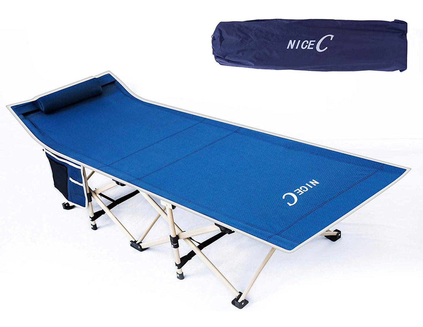 Nicec Folding Camping Cot, Sleeping Bed, Tent Cot, with Pillow, Carry Bag & Storage Bag, Extra Wide Sturdy, Heavy Duty Holds Up to 500 Lbs, Lightweight, Comfortable for Outdoor&Indoor (Dark Blue)