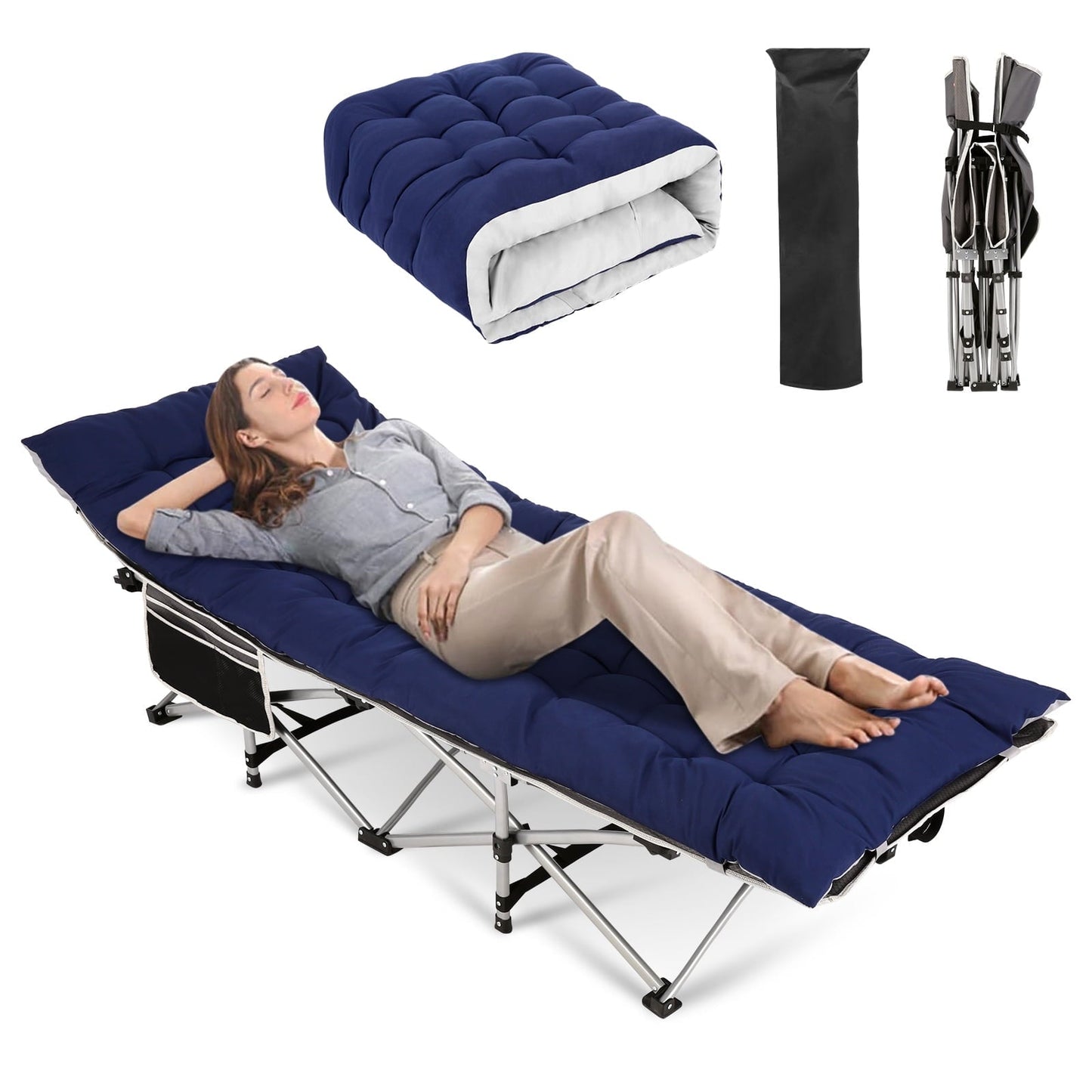 Veeboto Folding Bed Cot with 3 Inch 2 Sided Mattress, 75'* 28' Folding Camping Cots with Carry Bag, 900lbs Portable Sleeping Cot Bed for Home, Camping&Office, Blue