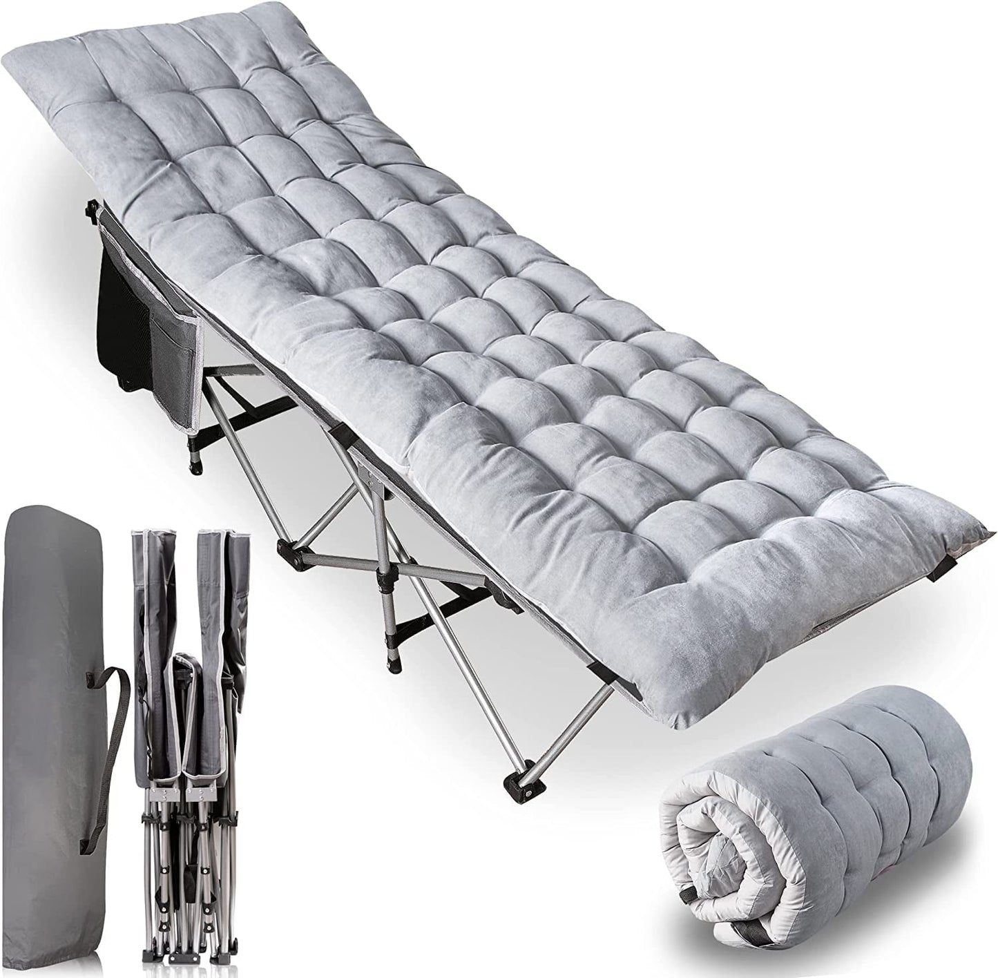 Zone Tech Folding Camping Cot and Cot Pad Set for Outdoor Camping and Travel, Gray