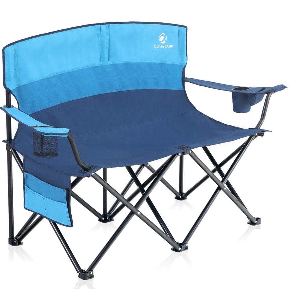 Alpha Camp Camping Chair Oversize Folding Camping Chair Heavy-Duty Steel Frame Collapsible Double Chair with Cup Holder ,Blue