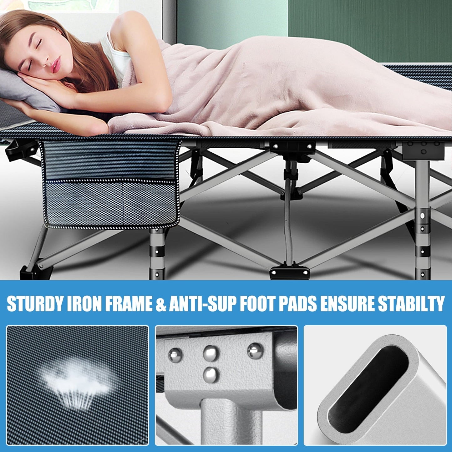 MOPHOTO 75' Adult Camping Cot Folding Cot, Portable Heavy Duty Sleeping Bed with 4D Pillow and Mattress, Outdoor Patio Folding Lounge Chair for Sunbathing