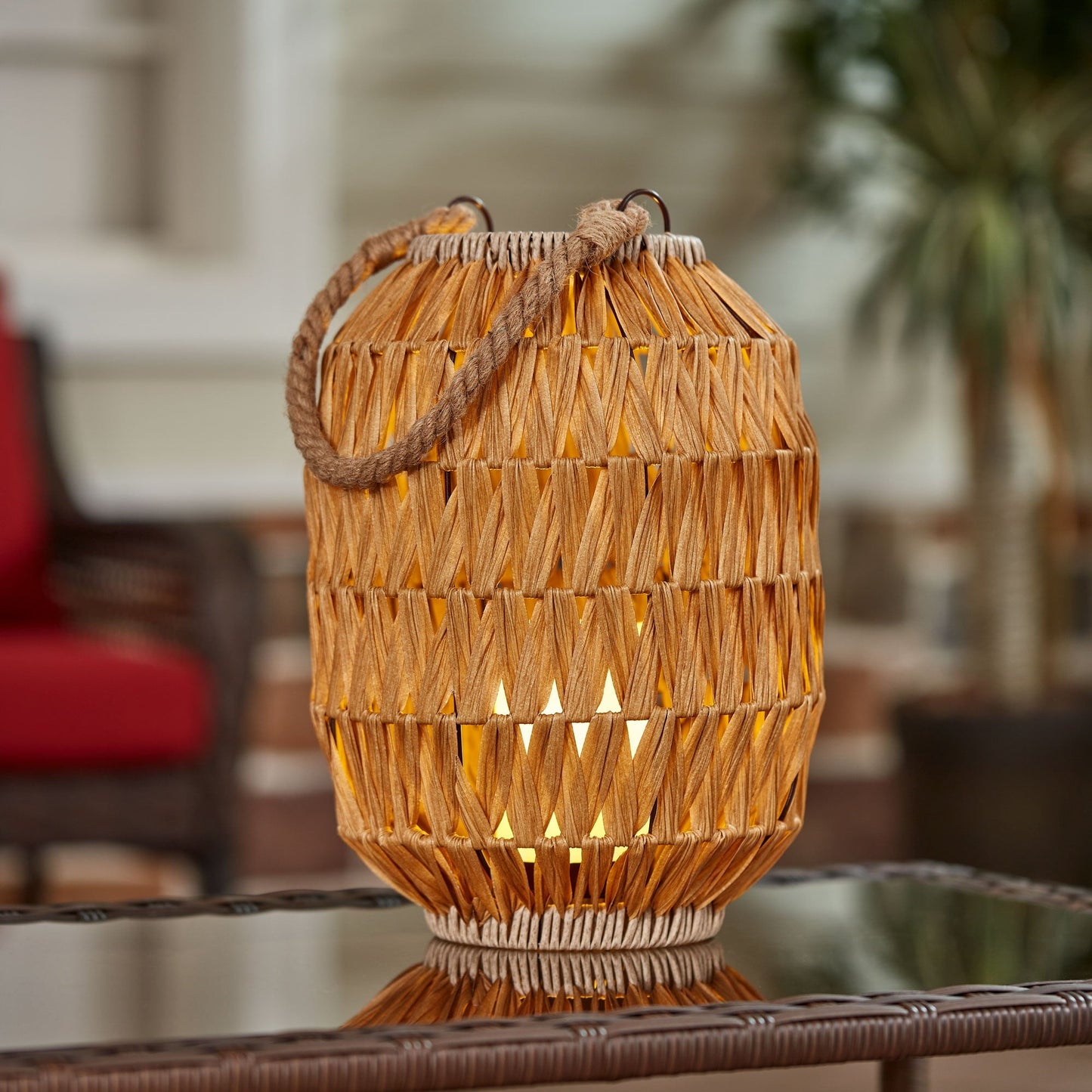 Natural Rattan Battery Powered Lantern with Removable LED Candle