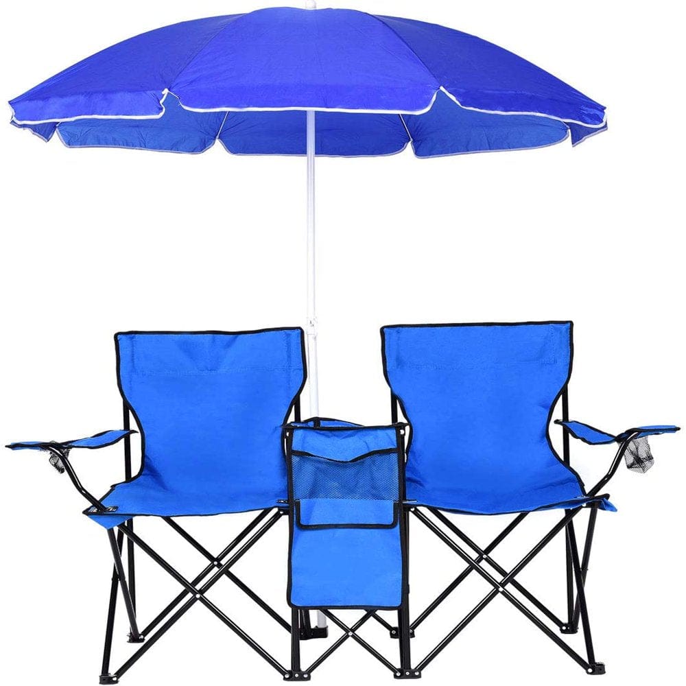 Cozybox Portable Double 2-Person Folding Picnic Chair W/Umbrella Table Ice Chest Drink Cooler Beach Camping Chair, Blue