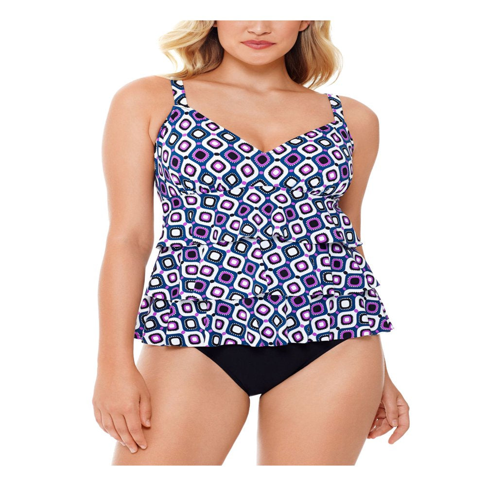 SWIM SOLUTIONS Women'S Purple Printed Stretch Allover Slimming Tiered Adjustable V-Neck Moderate Coverage Fixed Cups Jewels One Piece Swimsuit 10