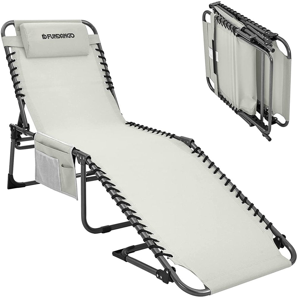 FUNDANGO Camping Chair Outdoor, Folding Chaise Lounge Chair for Beach Pool, Adjustable Reclining Chair with Pillow, Supports 265Lbs, Cyan