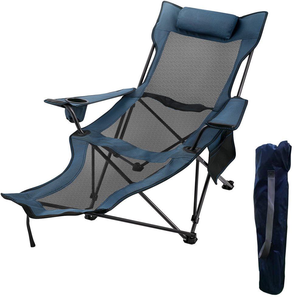 Vevorbrand 2 in 1 Folding Camping Chair Portable Adjustable Reclining Chair 330 Lbs Capacity W/ Footrest Mesh Lounge Chaise, Blue