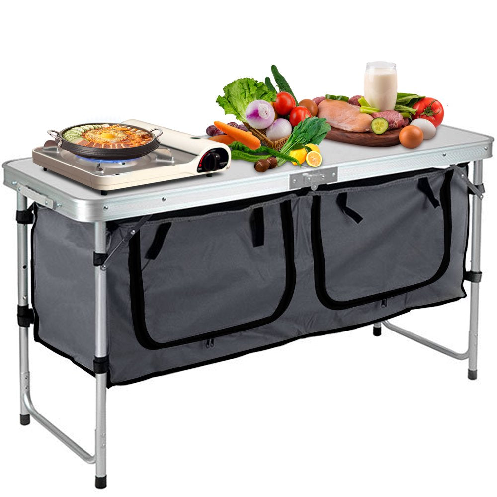 VEVOR Camping Kitchen Station, Aluminum Portable Folding Camp Cook Table with Storage Organizer and 4 Adjustable Feet, Quick Installation for Outdoor Picnic Beach Party Cooking, Green