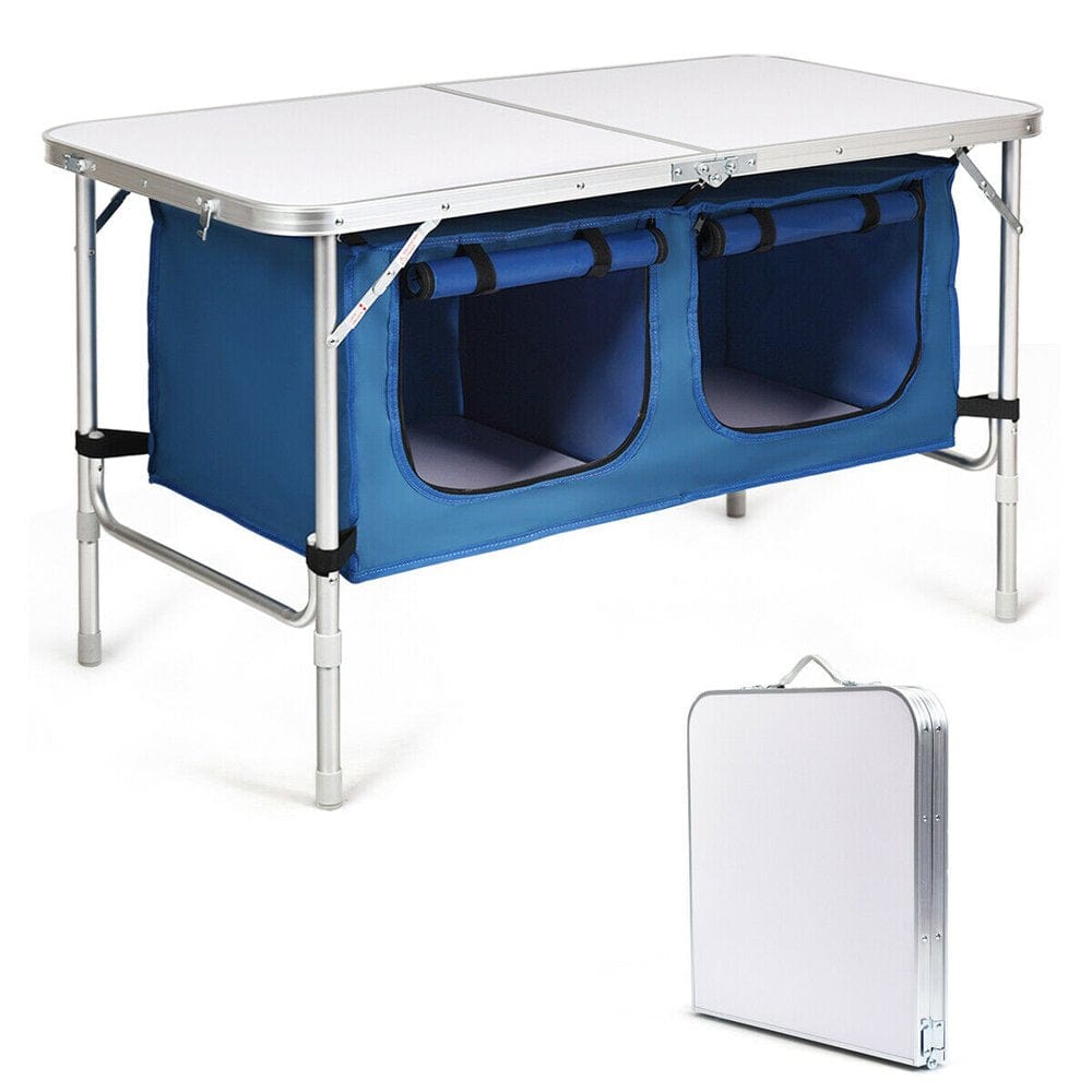 Gymax Folding Camping Table Aluminum Height Adjustable W/ Storage Organizer Dark Blue