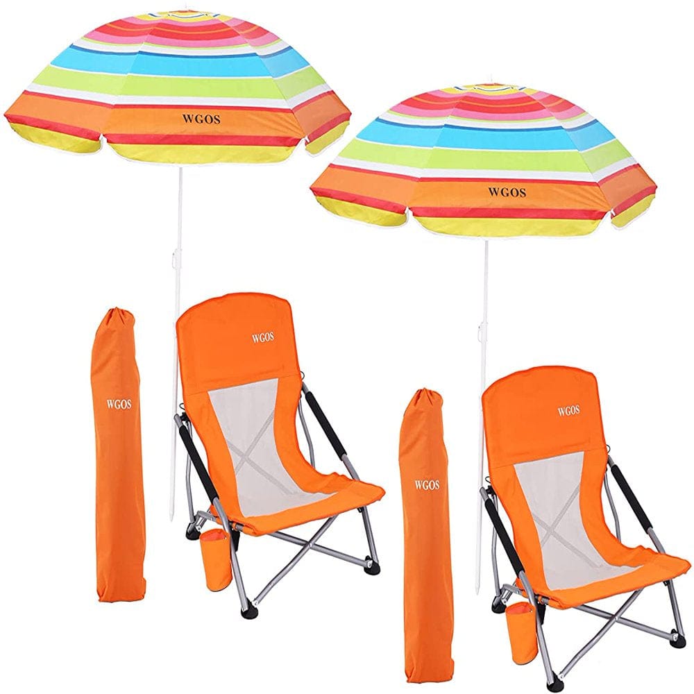 Low Beach Folding Camping Chair with Detachable SPF 50+ Umbrella, Armrests and Cup Holder, Portable Lightweight Sand Chair for Outdoor Camping, Beach, Picnic (1-Pack Orange)