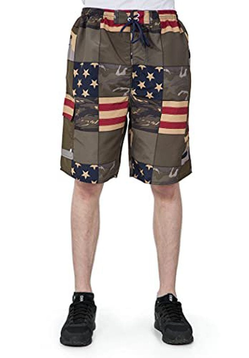 North 15 Men'S American Flag Microfiber Shark Print Swim Trunk Boardshorts with Cargo Pockets-7125-Nvy/Rd-L