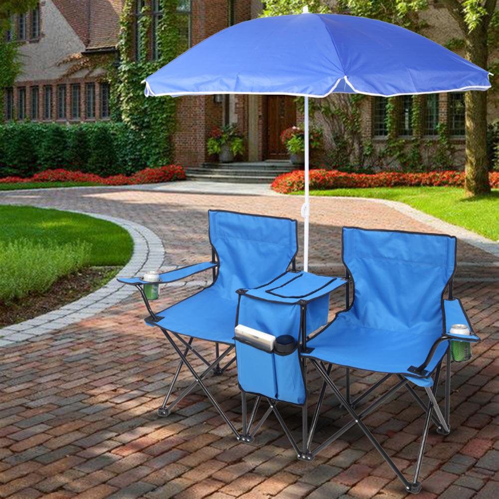 Portable 2-Seat Folding Camping Chair with Removable Shade Umbrella for Outdoor, Camping, Fishing, Blue