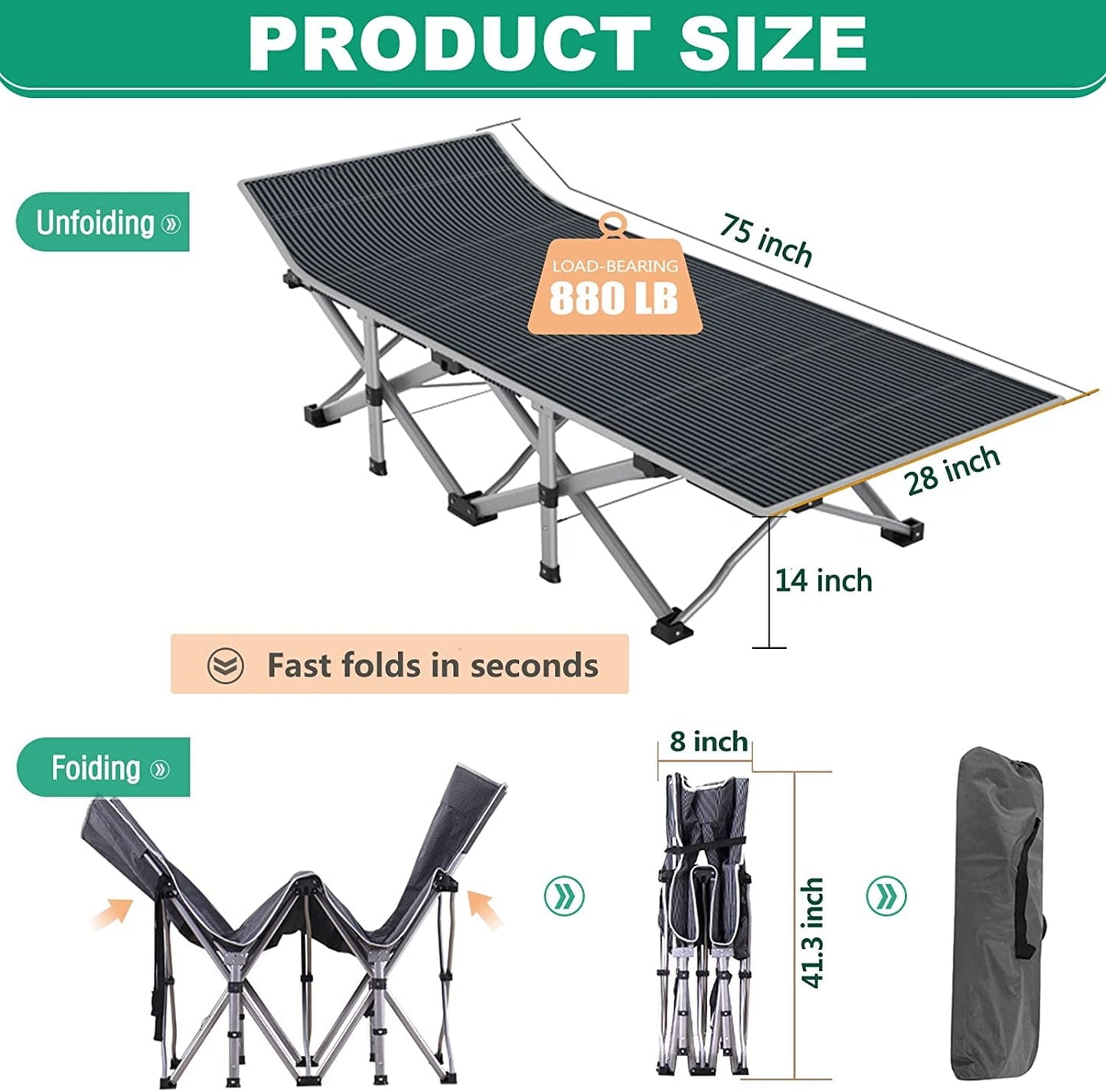 Slsy Folding Camping Cot with 2-Sided Cushion & Carry Bag, Tent Folding Cot for Sleeping