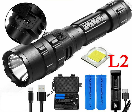 180000LM L2 LED Tactical Flashlight USB Rechargeable Camping Hunting Torch