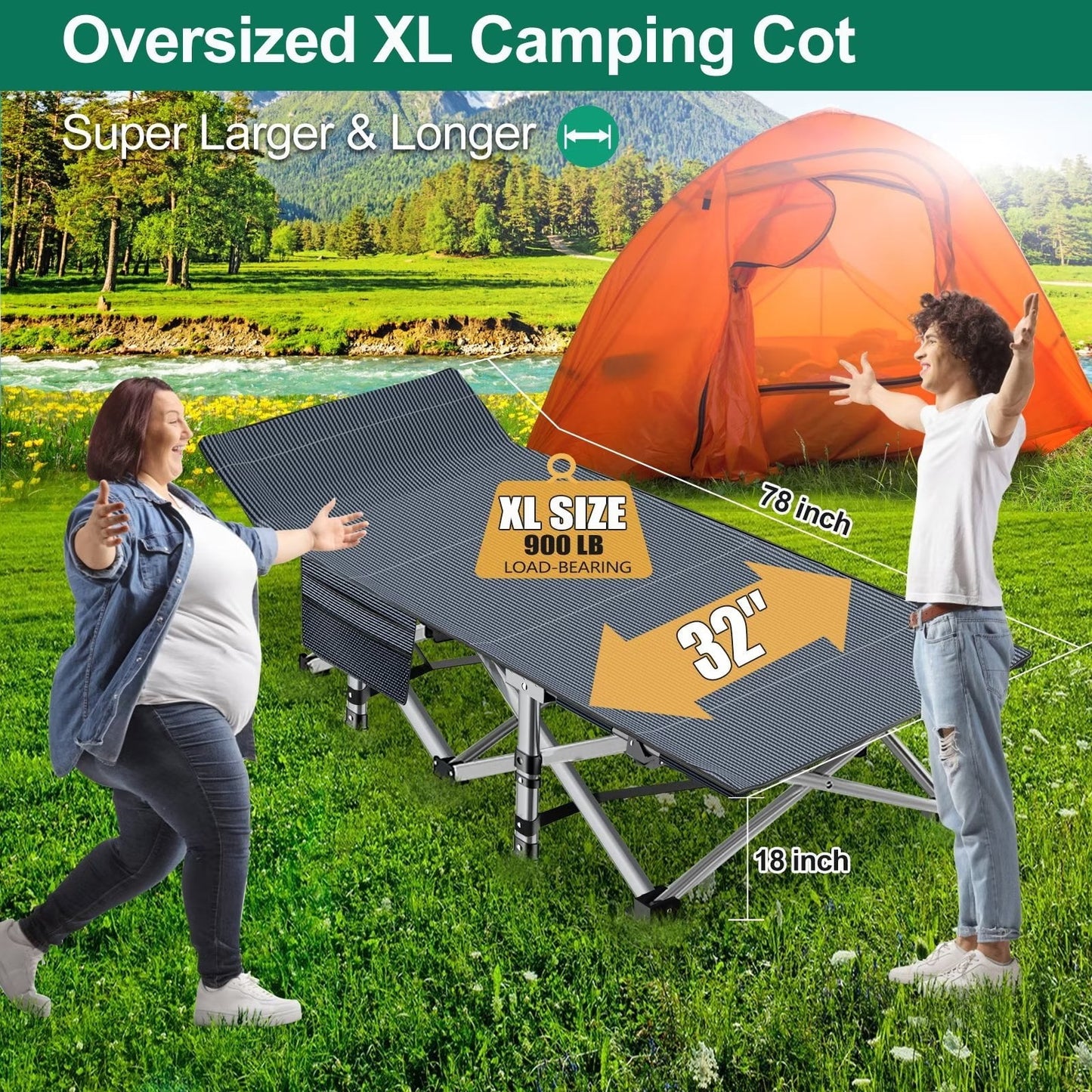 MOPHOTO Oversized 78'*32' Portable Folding Bed for Adults, Heavy Duty Outdoor Camping Cot with with Mattress, Rollaway Guest Bed Sleeping Cot with Carry Bag, Support 900 bls