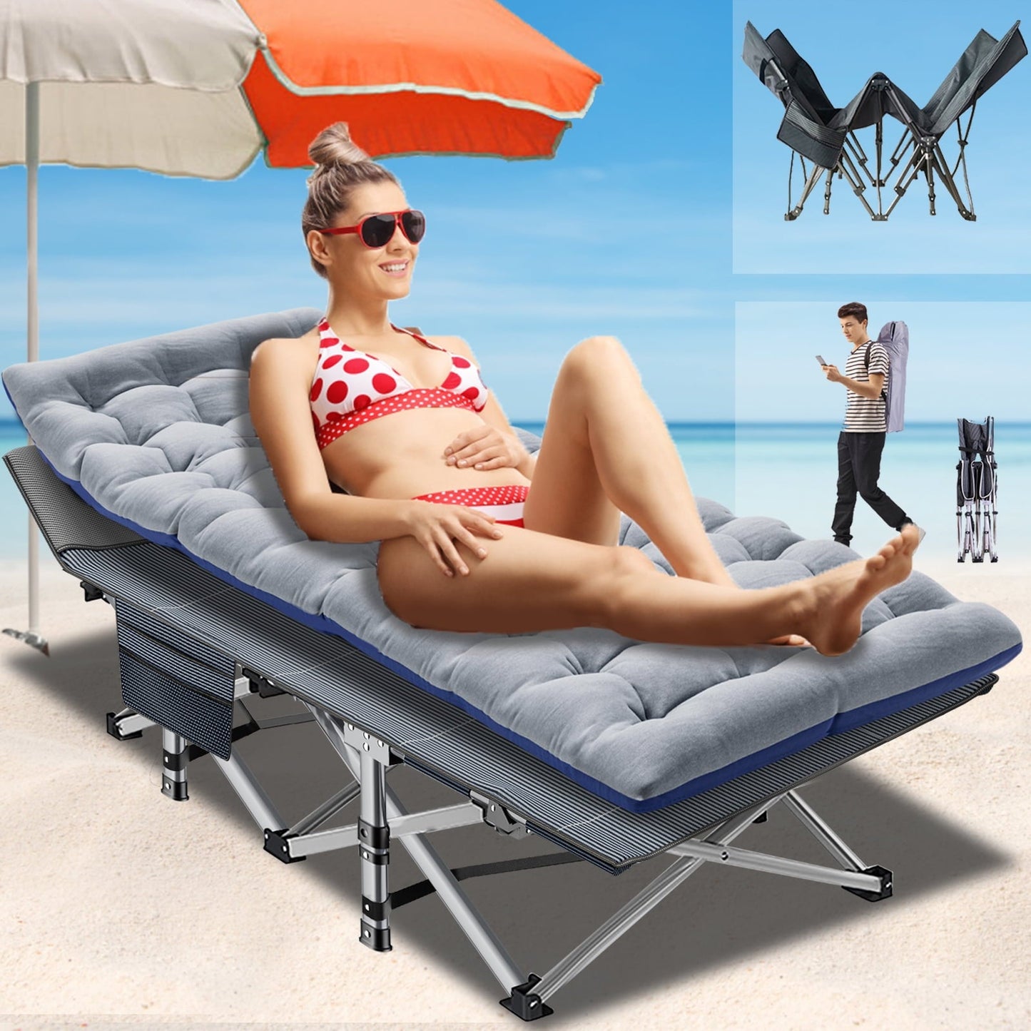 Lilypelle Folding Camping Cots for Adults 600lbs, Double Layer 1200D Oxford Strong Heavy Duty Wide Sleeping Cots with Mattress