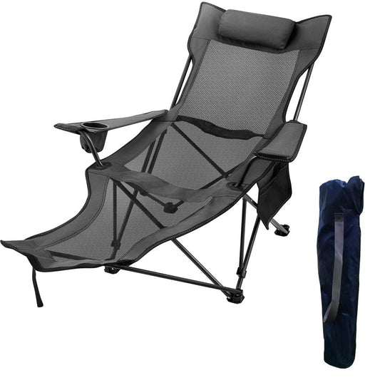 Vevorbrand Folding Camp Chair, 330 Lbs Capacity, with Footrest Mesh Lounge Chair with Cup Holder and Storage Bag, Gray