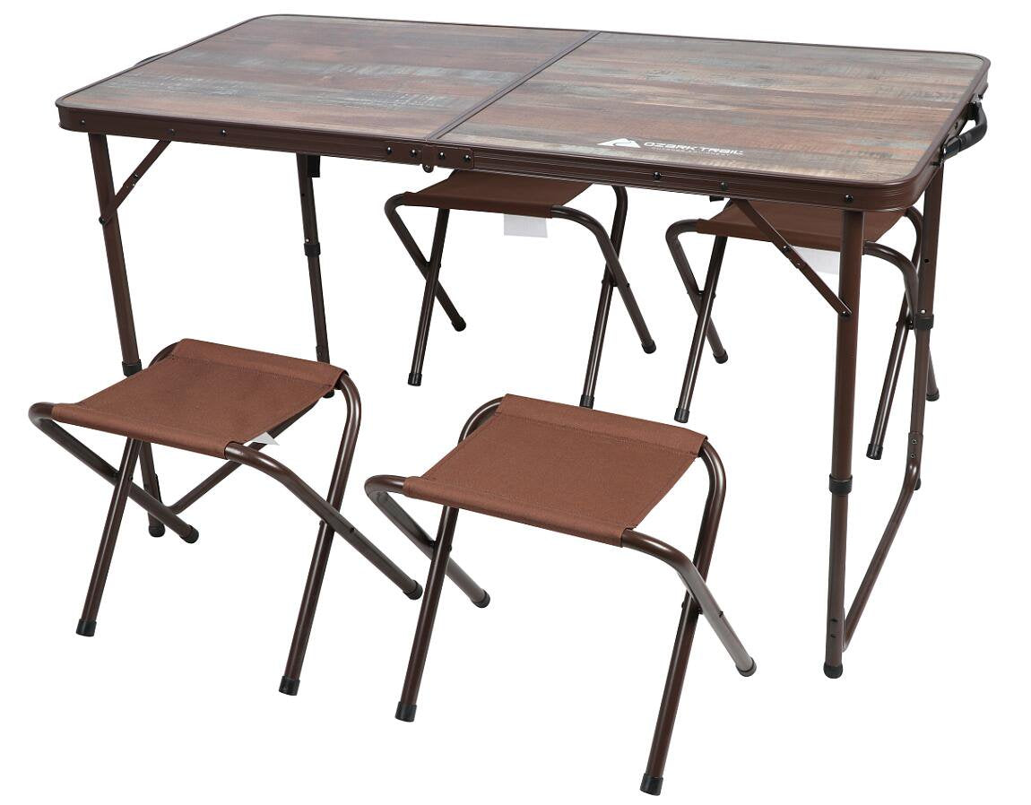 Ozark Trail Durable Steel and Aluminum Table and Stools, Open Dims 19.29" X 24.6", Brown
