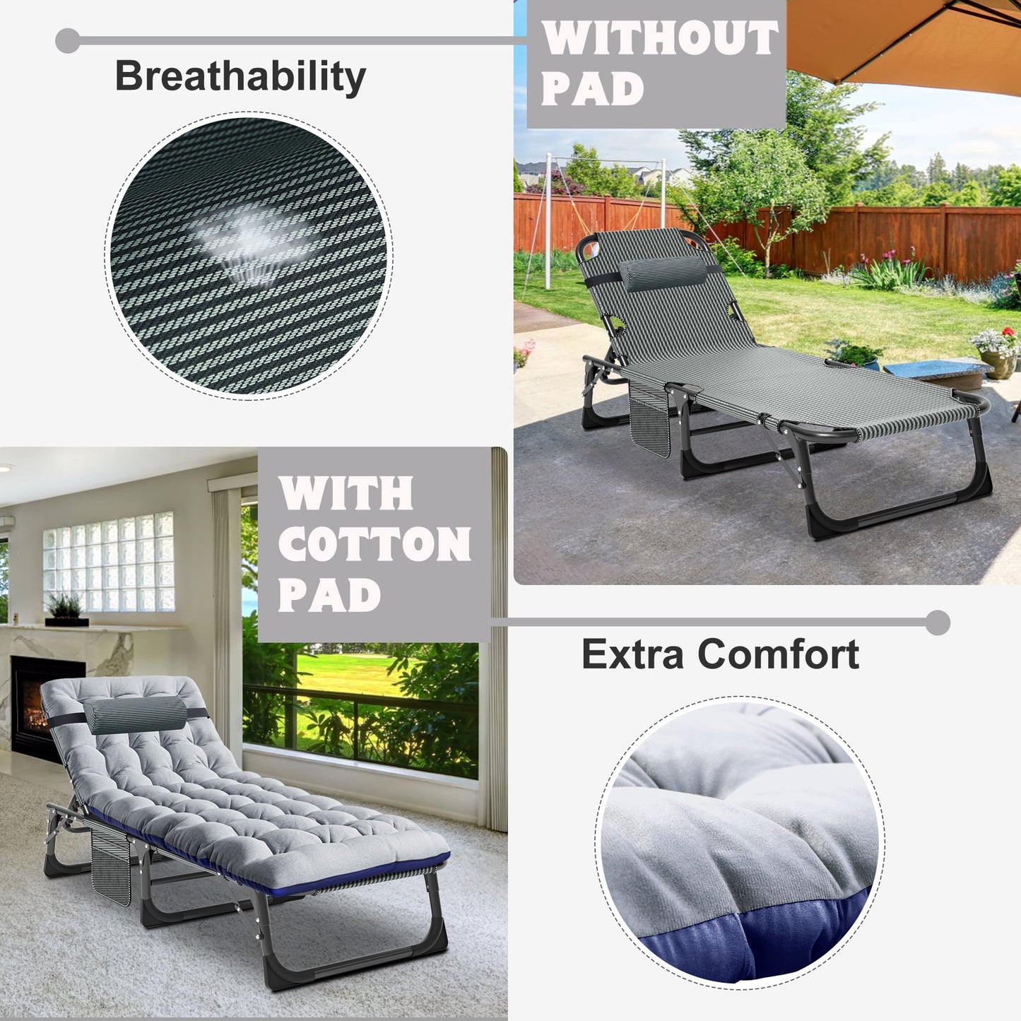 MOPHOTO Camping Cot With Mattress, Heavy Duty Sleeping Cot with Pillow, Cot Beds for Adult, 4-Position Adjustment Folding Bed, Outdoor Beds Lounger for Home, Pool, Beach, Patio