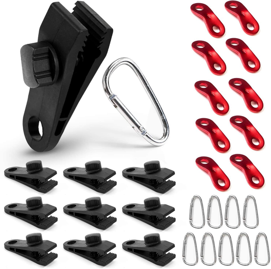 Ponwec 10 Pcs Tarp Clips Heavy Duty Lock Grip with 10 PCS Carabineer Clips&10 PCS Rope Tensioner for Tarps,Tents,Awnings,Outdoor Camping,Wagon Roofs,Cars,Swimming Pools,Boats,Hammocks