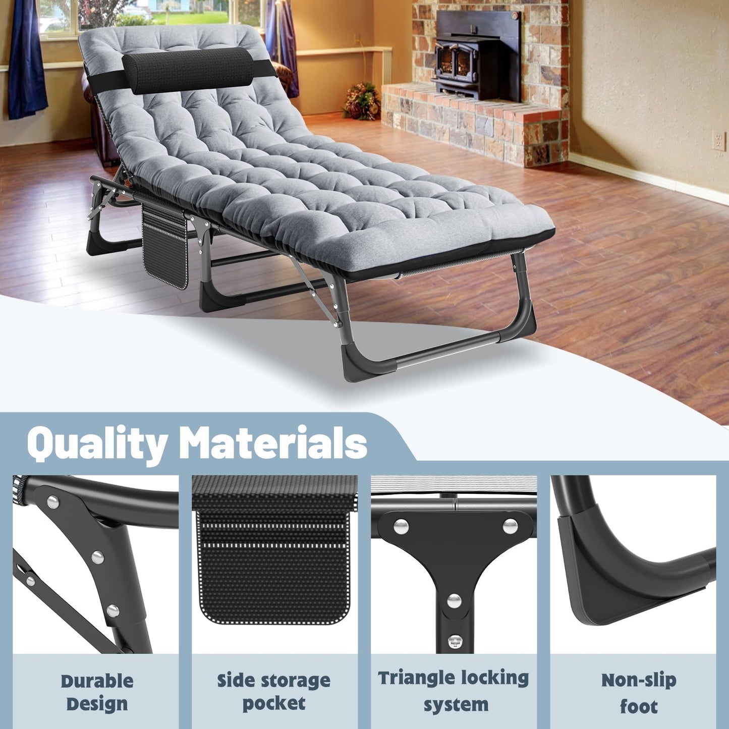 NAIZEA Portable Folding Camping Cot, 4-Position Adjustable Camping Cot Bed, Heavy Duty Sleeping Bed, Outdoor Folding Lounge Chair with Mattress