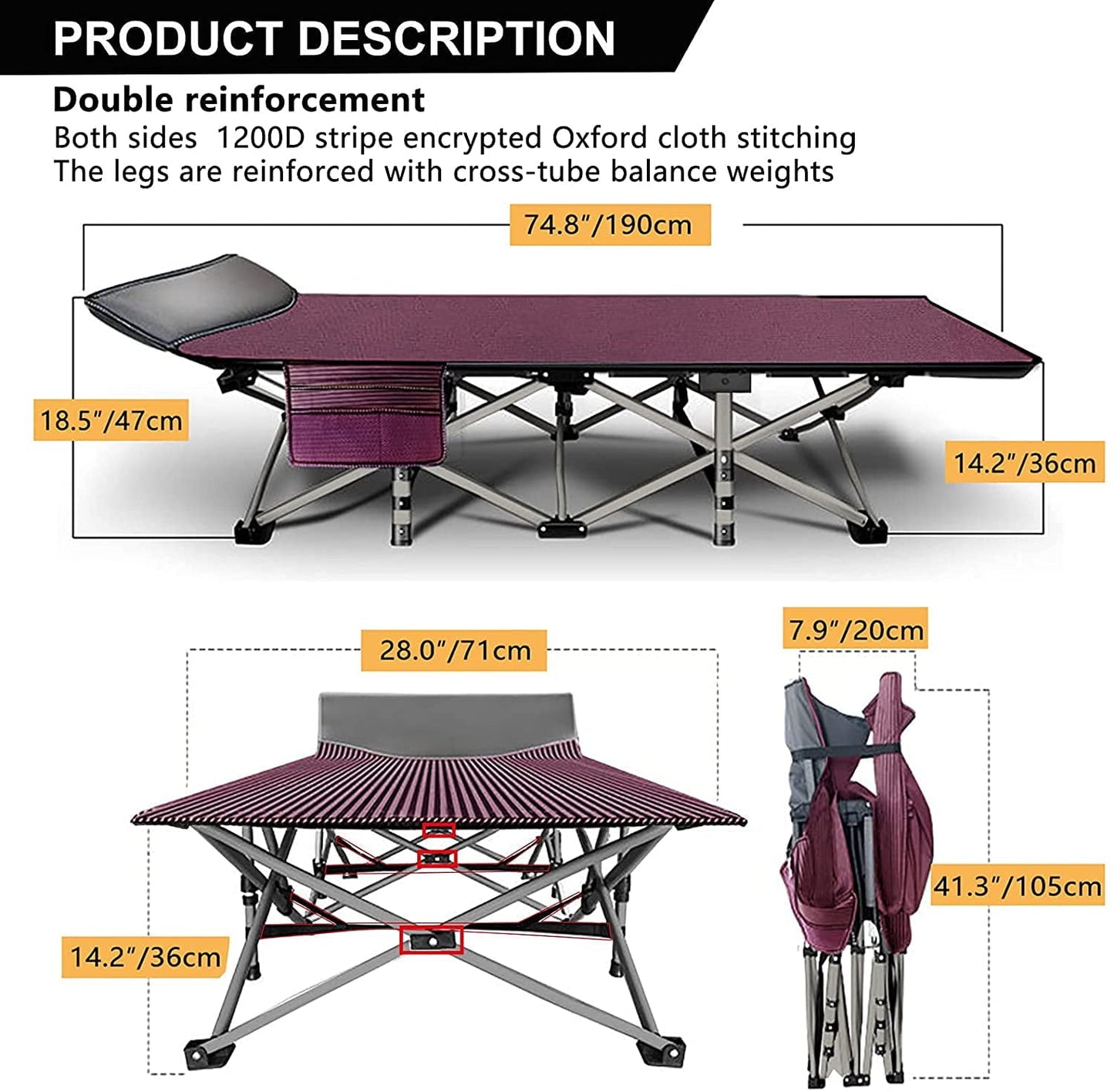 Lilypelle 75' Folding Camping Cots,Adult Double Sided Double Color Cot Oxford Strong Heavy Duty Wide Sleeping Bed for Camp Office Use (2 Pack)