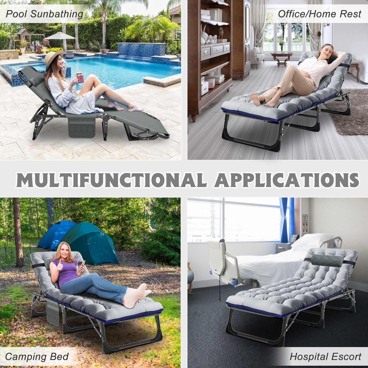 MOPHOTO Camping Cot With Mattress, Heavy Duty Sleeping Cot with Pillow, Cot Beds for Adult, 4-Position Adjustment Folding Bed, Outdoor Beds Lounger for Home, Pool, Beach, Patio