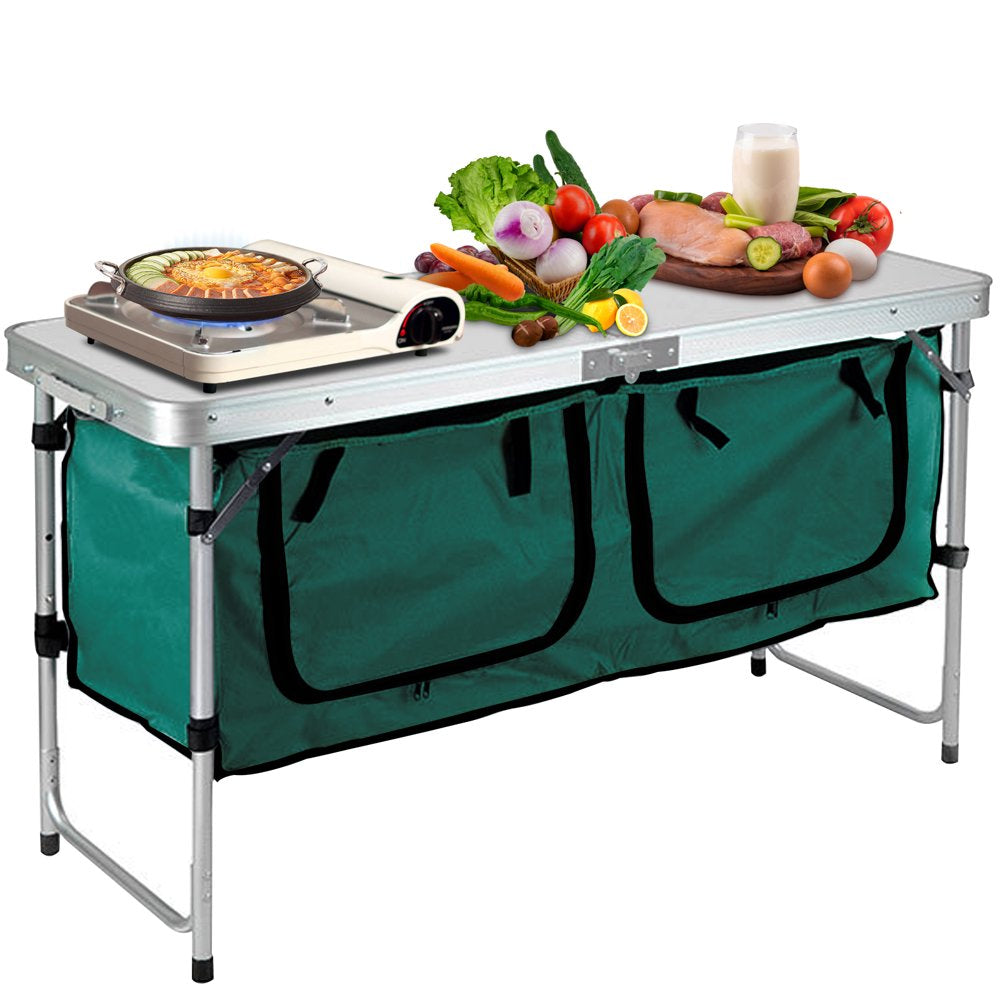 VEVOR Camping Kitchen Station, Aluminum Portable Folding Camp Cook Table with Storage Organizer and 4 Adjustable Feet, Quick Installation for Outdoor Picnic Beach Party Cooking, Green