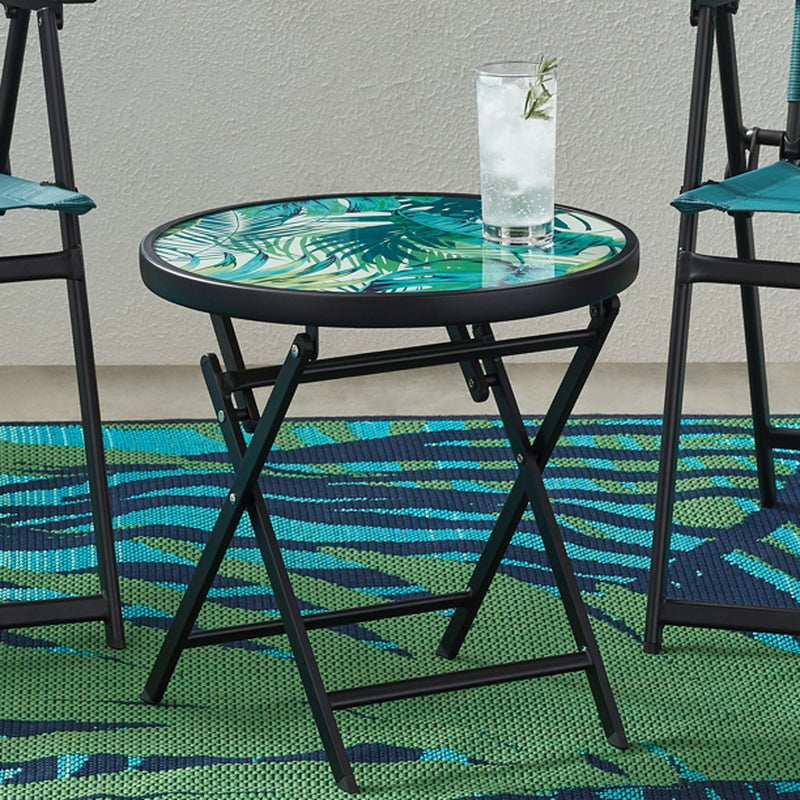 Mainstays Greyson 18” round Glass-Top Folding Side Table, Blue Medallion