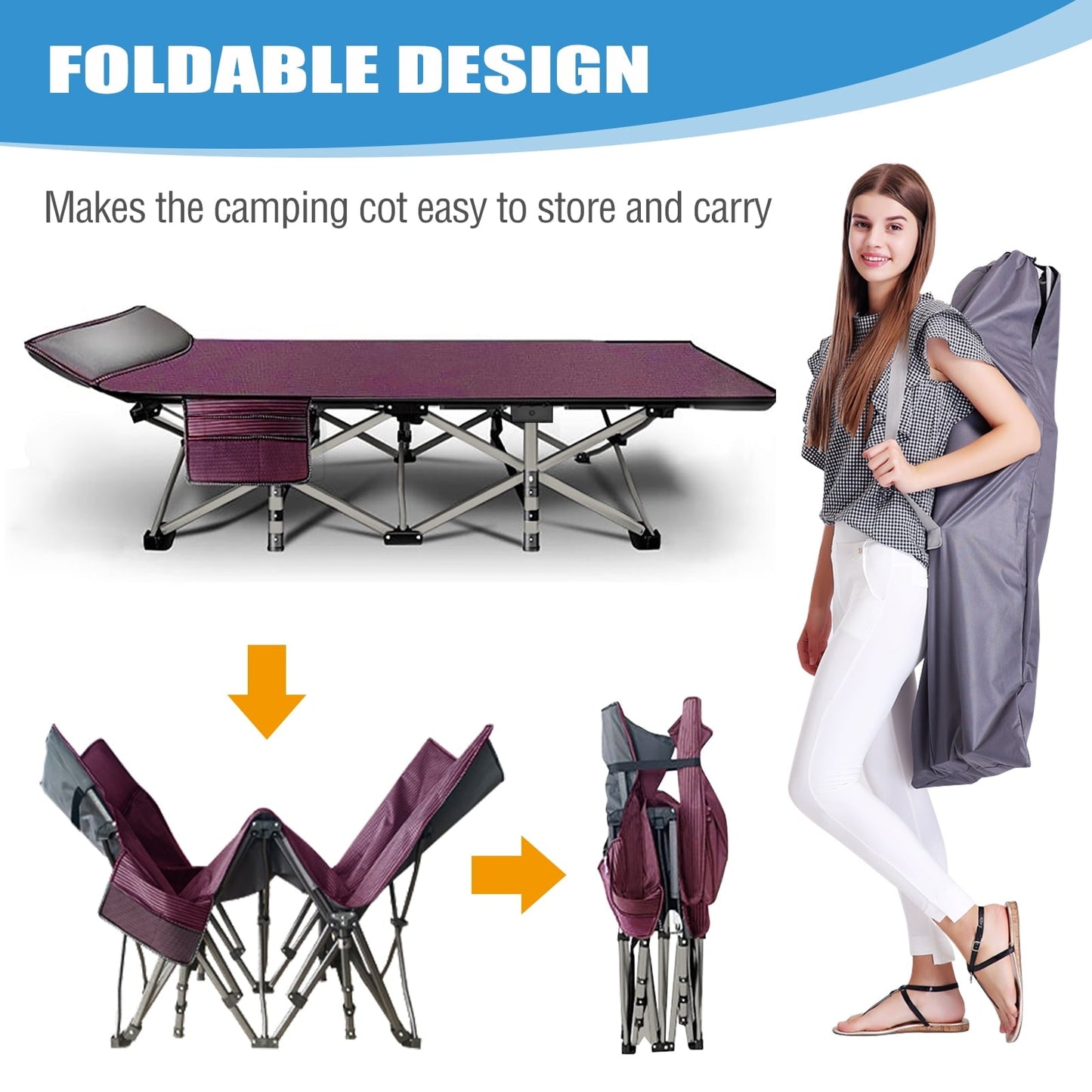 MOPHOTO Camping Cot for Adults, Portable Folding Bed with Noble Pearl Mattress&Carry Bag,Double Layer Oxford Strong Heavy Duty Sleeping Cots