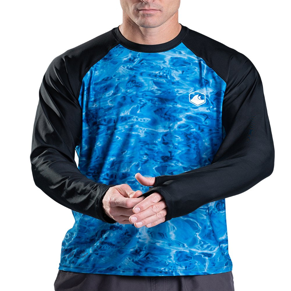 Aqua Design Rash Guard Men Long Sleeve Thumb Hole UPF 50+ Rashguard Swim Shirts: Liquid Lava/Black Size Large