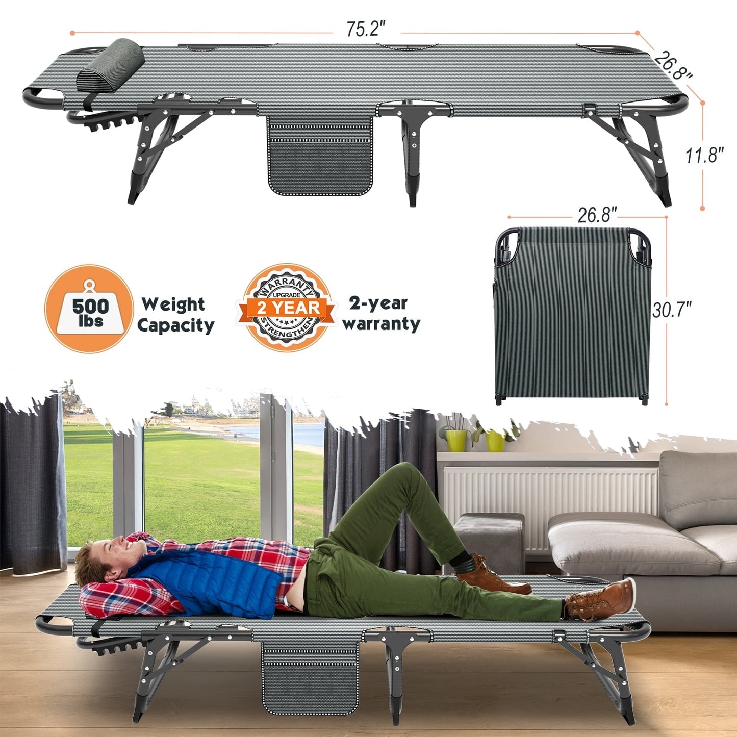 NAIZEA 75' Portable Camping Cot, 4-Position Adjustable Folding Bed, Lounge Chair with Mattress and Pillow, Gray