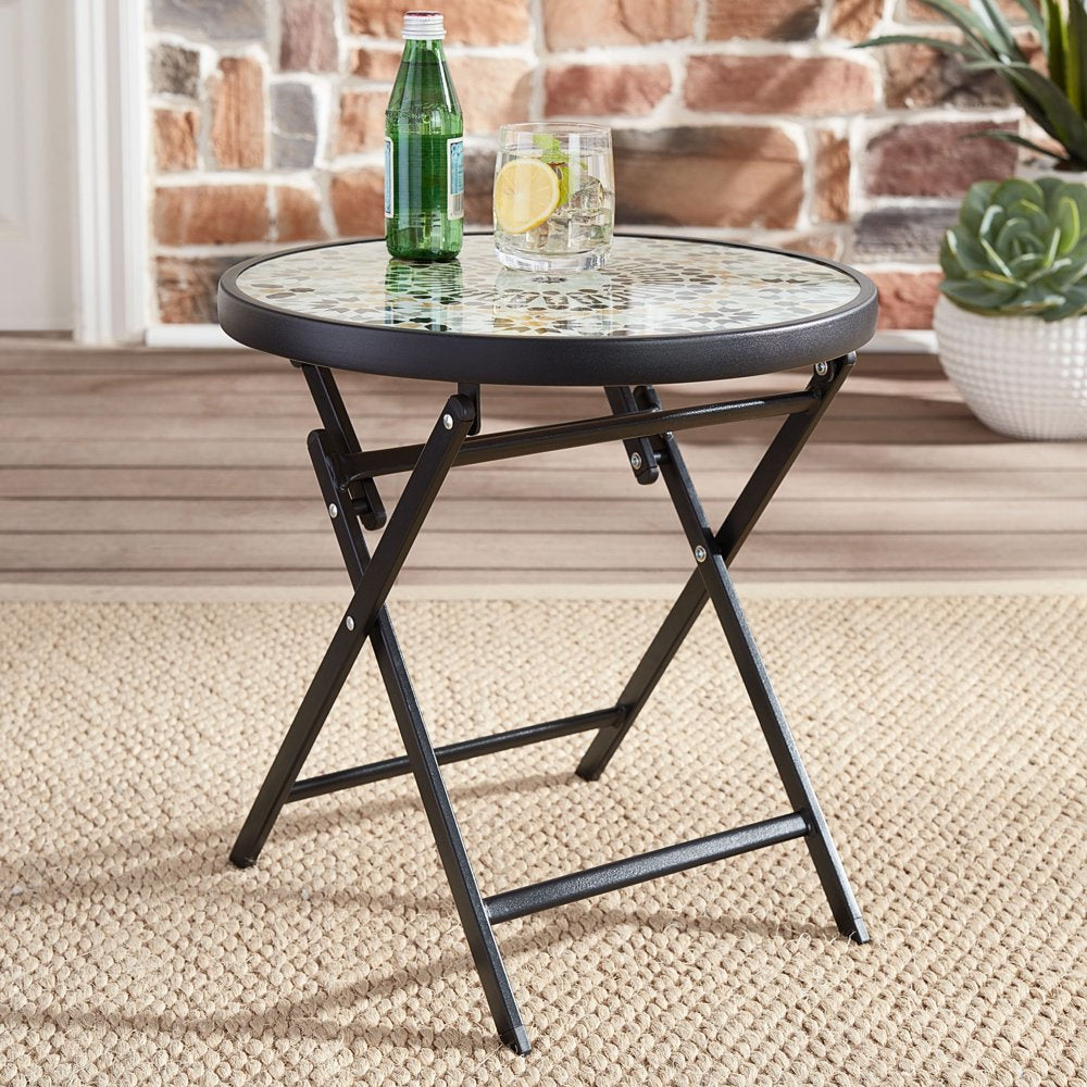 Mainstays Greyson 18” round Glass-Top Folding Side Table, Blue Medallion